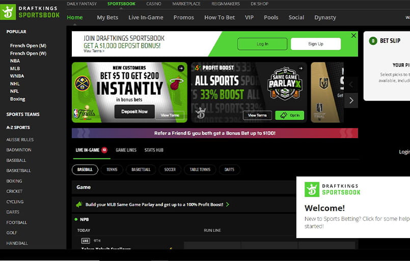 The DraftKings live interface.